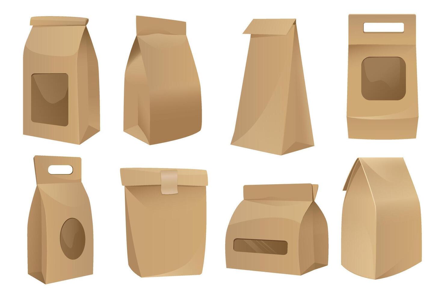 Realistic packages mega set graphic elements in flat design. Bundle of closed paper bag mockups in different view for packaging coffee, tea and takeaway food. Vector illustration isolated objects