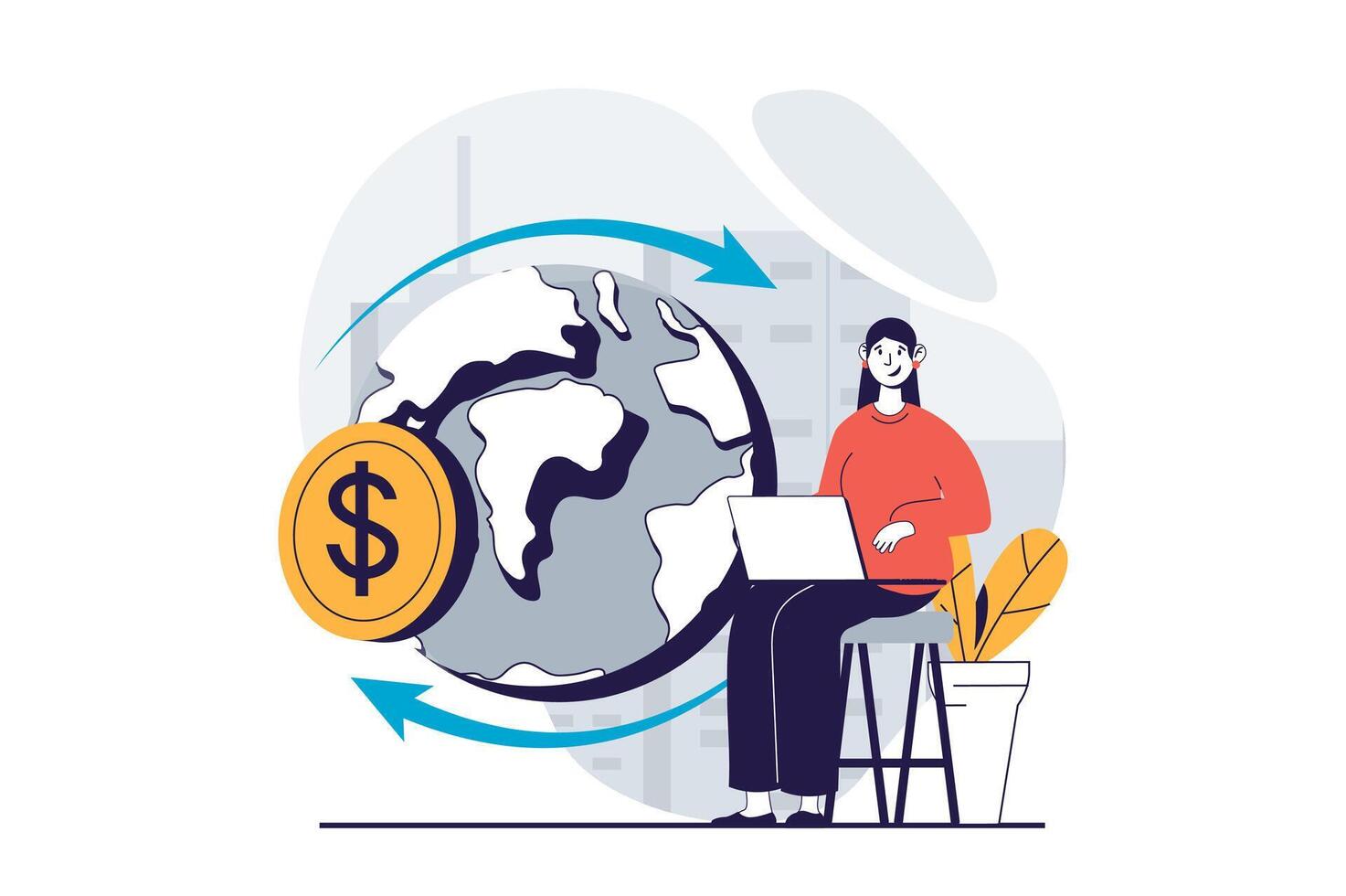 Global economic concept with people scene in flat design for web. Businesswoman investing and getting profit in worldwide exchange. Vector illustration for social media banner, marketing material.