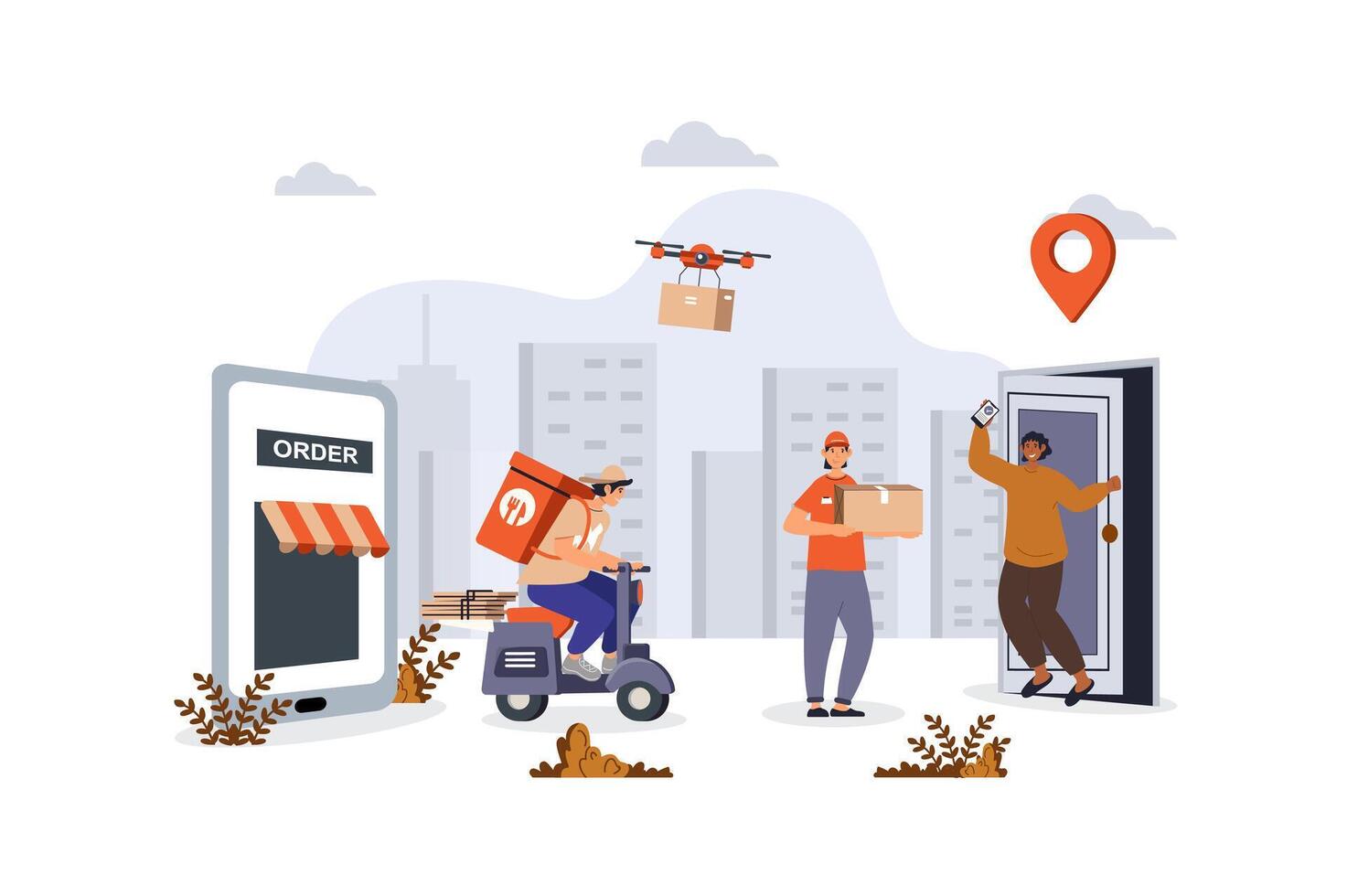 Delivery concept with character scene for web. Client using shipping service, courier delivering and drone flying packages. People situation in flat design. Vector illustration for marketing material.