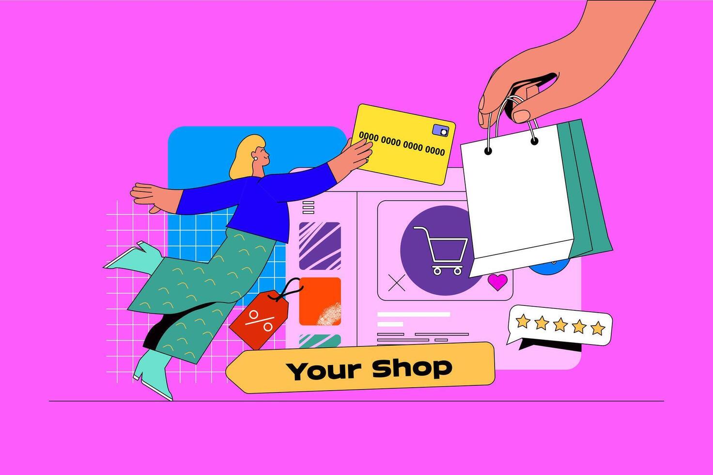 Shopping web concept with character scene. Woman making purchases and ordering goods, making online payment in credit card. People situation in flat design. Vector illustration for marketing material.