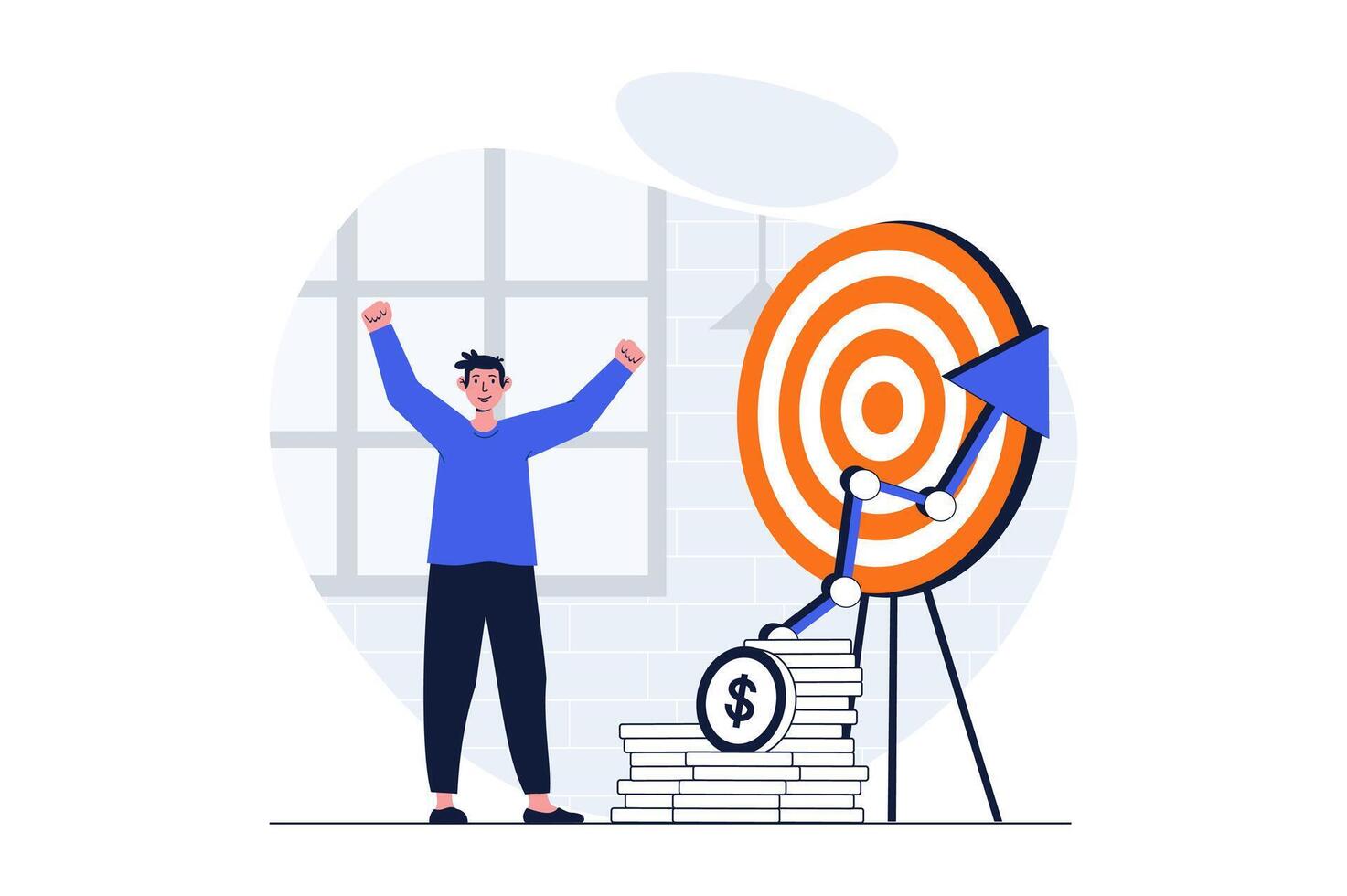 Business target web concept with character scene. Man hitting aim, achieves work results and increase profit. People situation in flat design. Vector illustration for social media marketing material.