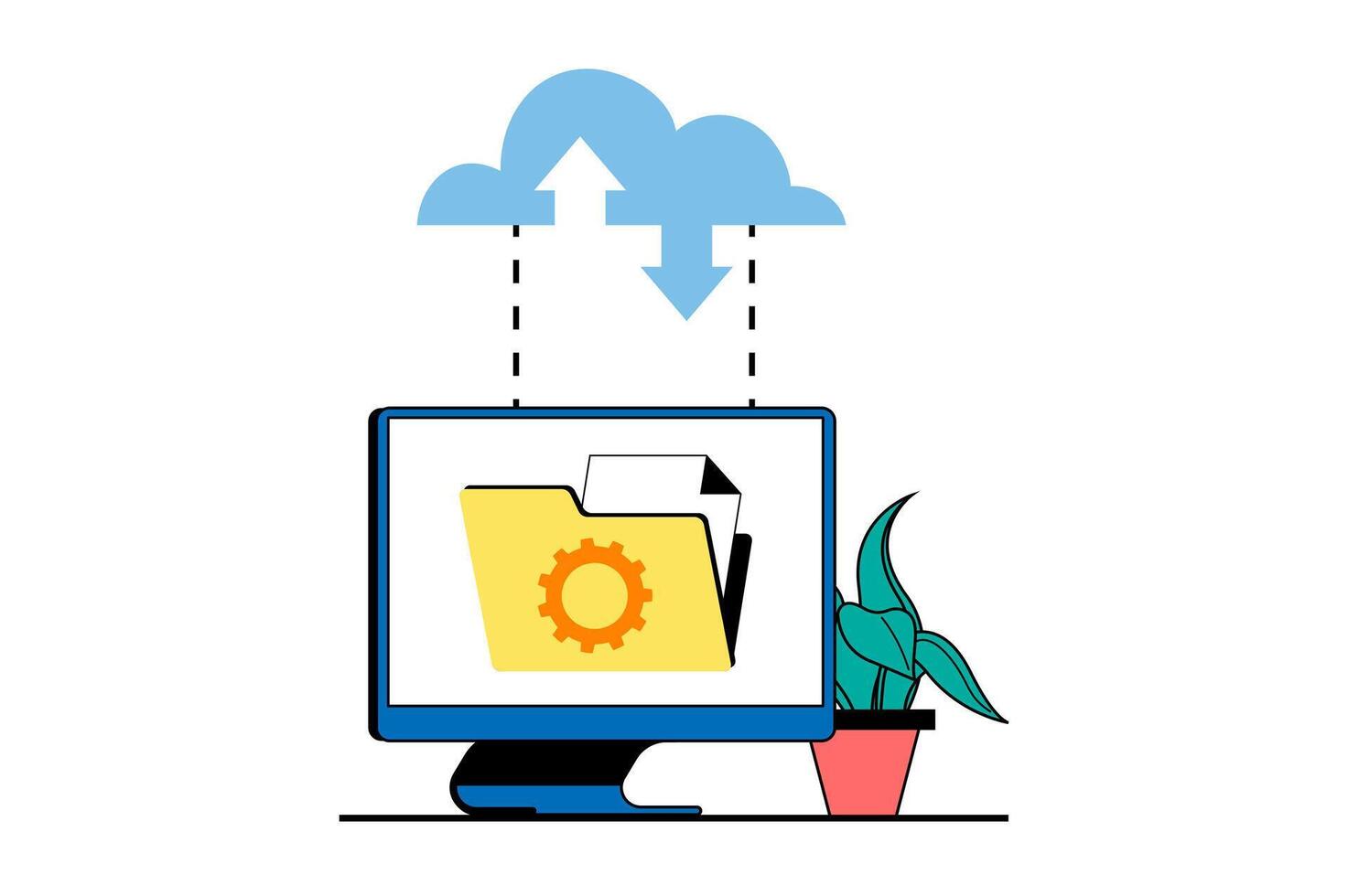 Cloud computing concept with people scene in flat web design. Cloud storage and processing data, making sync and creating backup. Vector illustration for social media banner, marketing material.