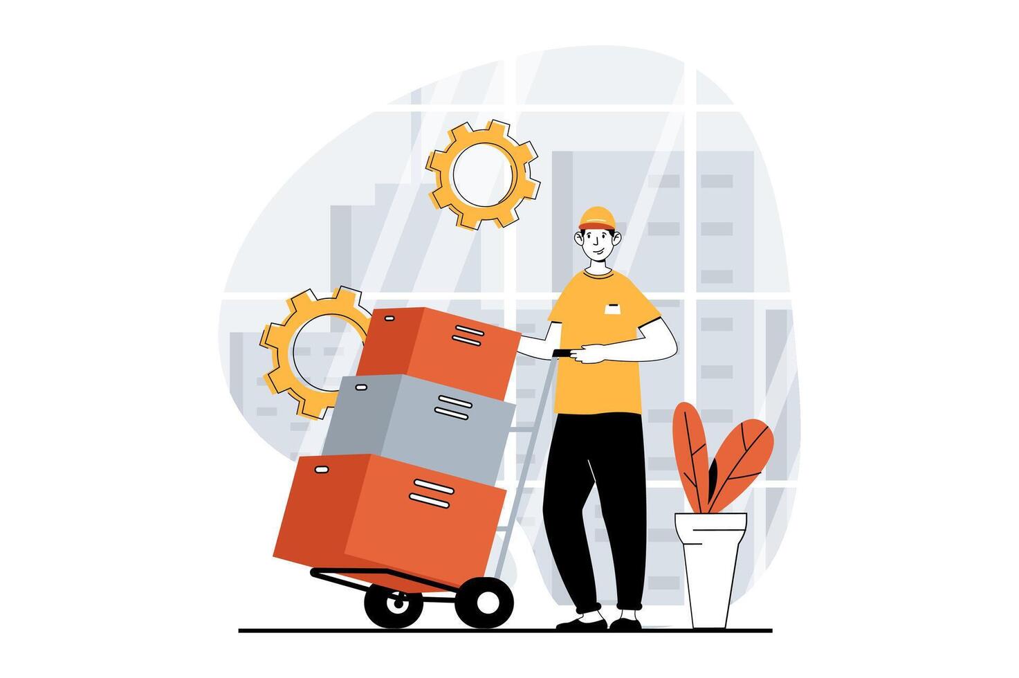 Delivery service concept with people scene in flat design for web. Man carrying parcel boxes on forklift and works in warehouse. Vector illustration for social media banner, marketing material.