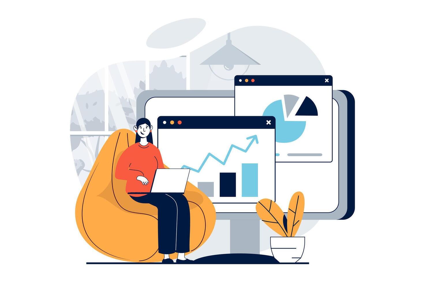 Data science concept with people scene in flat design for web. Woman working with charts and diagram, using database for calculation. Vector illustration for social media banner, marketing material.