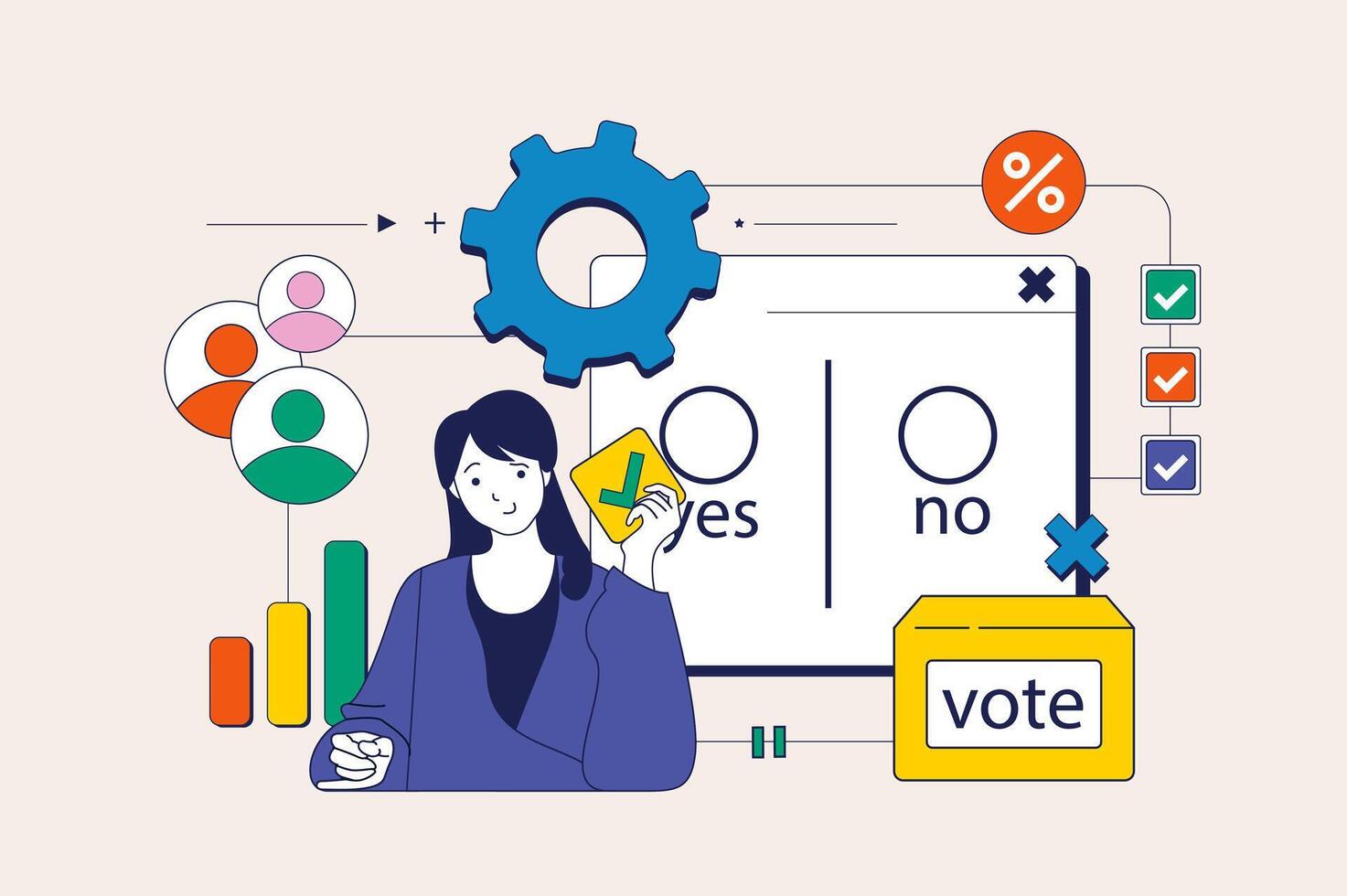 Online voting concept in flat neo brutalism design for web. Woman making decision and filling virtual vote form at democratic election. Vector illustration for social media banner, marketing material.