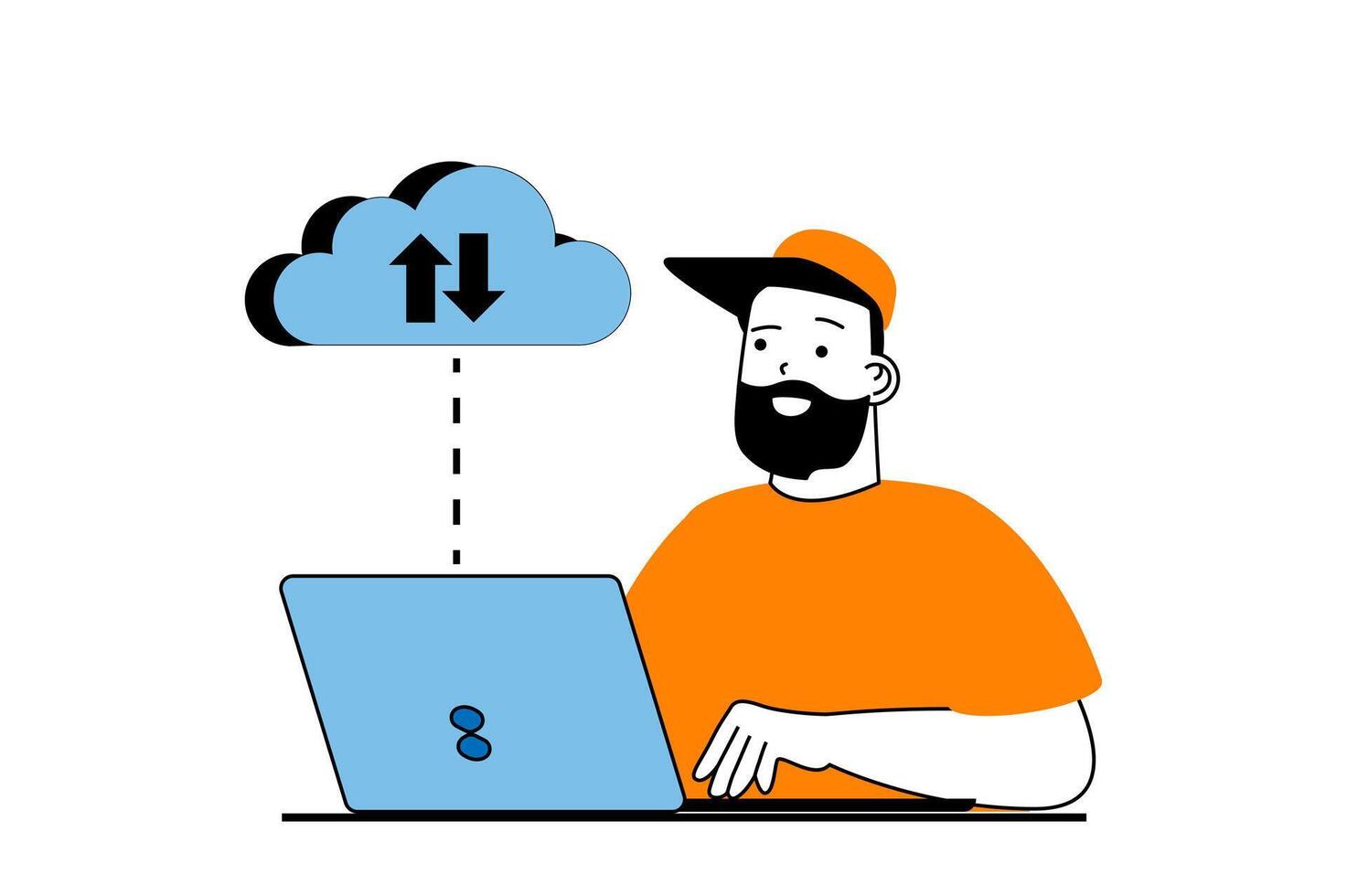 Cloud computing concept with people scene in flat web design. Man sync data in cloud storage, working at laptop with sharing files. Vector illustration for social media banner, marketing material.