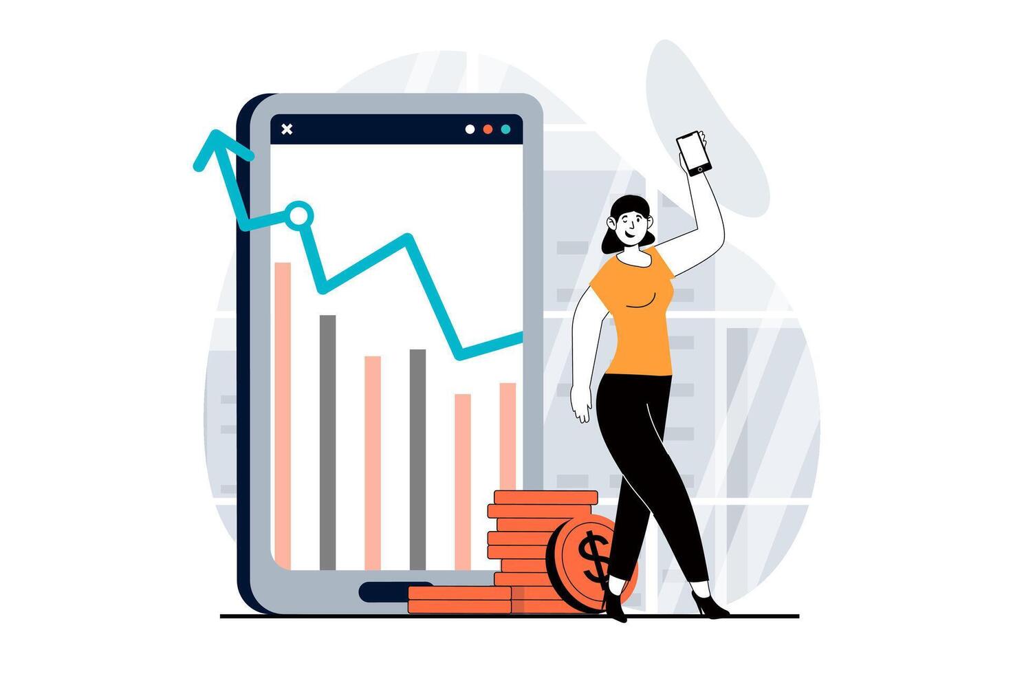 Stock market concept with people scene in flat design for web. Woman analyzing chart with arrow growth on app, investing and trading. Vector illustration for social media banner, marketing material.