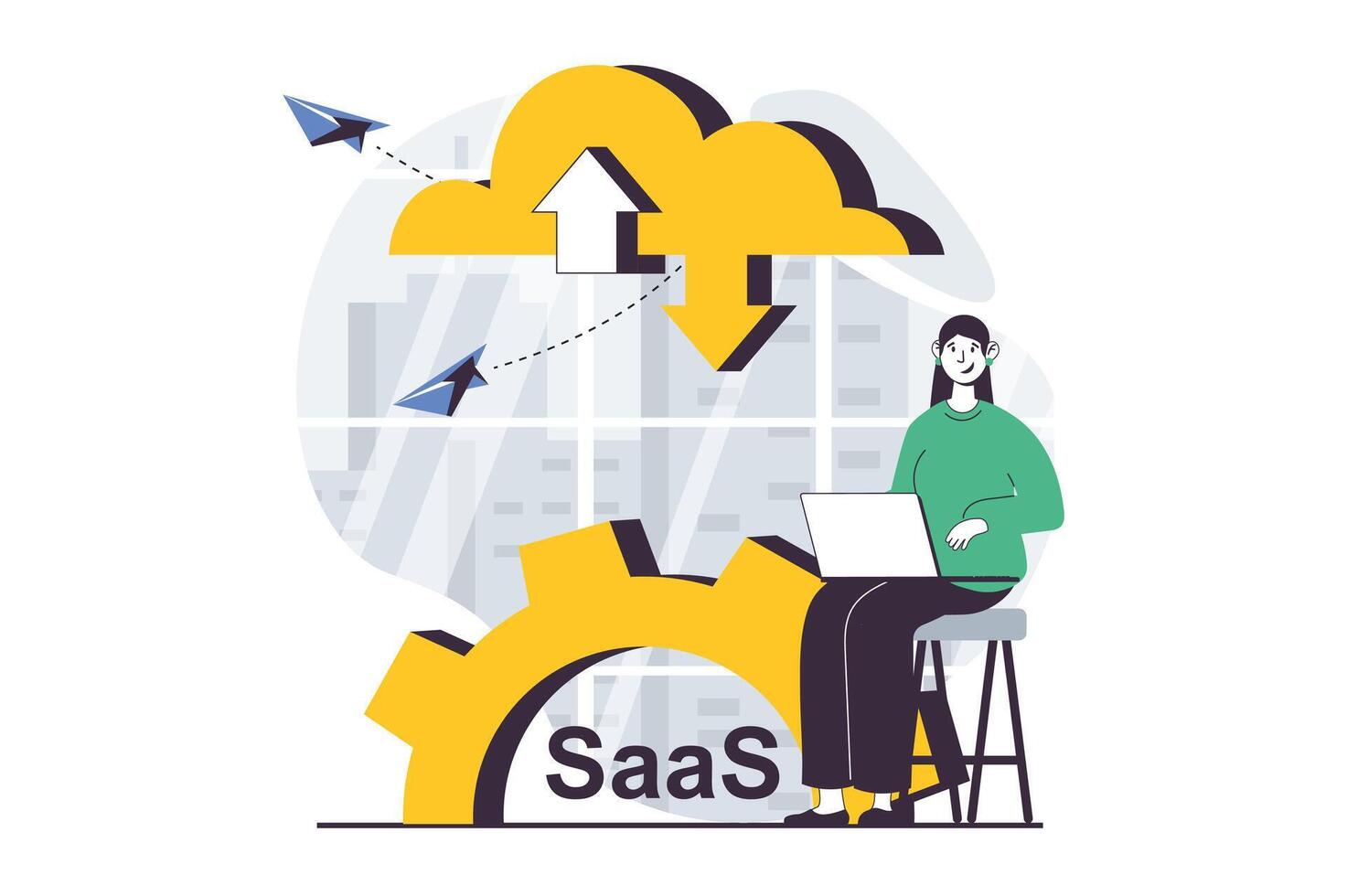 saas concepto con personas escena en plano diseño para web. mujer sincronizar archivos desde ordenador portátil con nube almacenamiento y utilizando en línea Procesando. vector ilustración para social medios de comunicación bandera, márketing material.