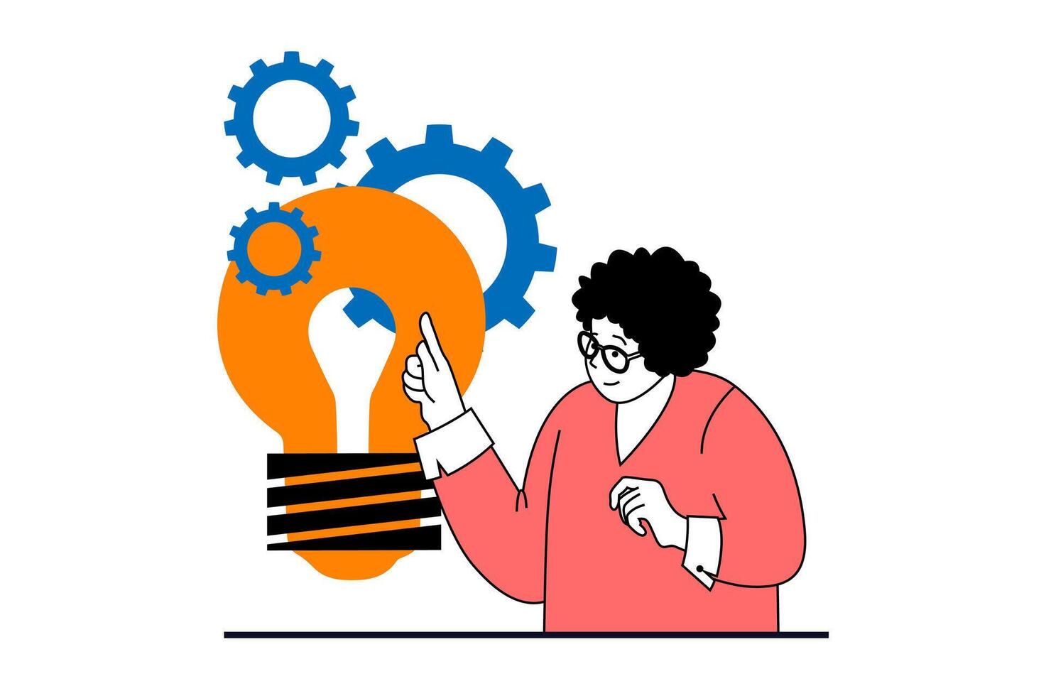Brainstorming concept with people scene in flat web design. Woman with light bulbs finding creative ideas for productive work process. Vector illustration for social media banner, marketing material.