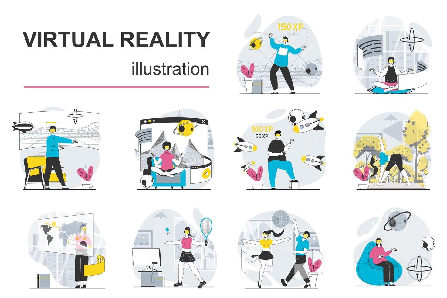 Virtual reality concept with character situations mega set. Bundle of scenes people in VR headset working, training, making research, learning in cyberspace. Vector illustrations in flat web design