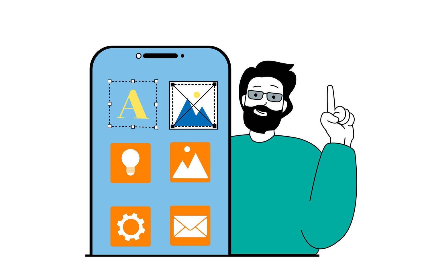 App development concept with people scene in flat web design. Man developing wireframe layout on mobile screen with buttons placement. Vector illustration for social media banner, marketing material.