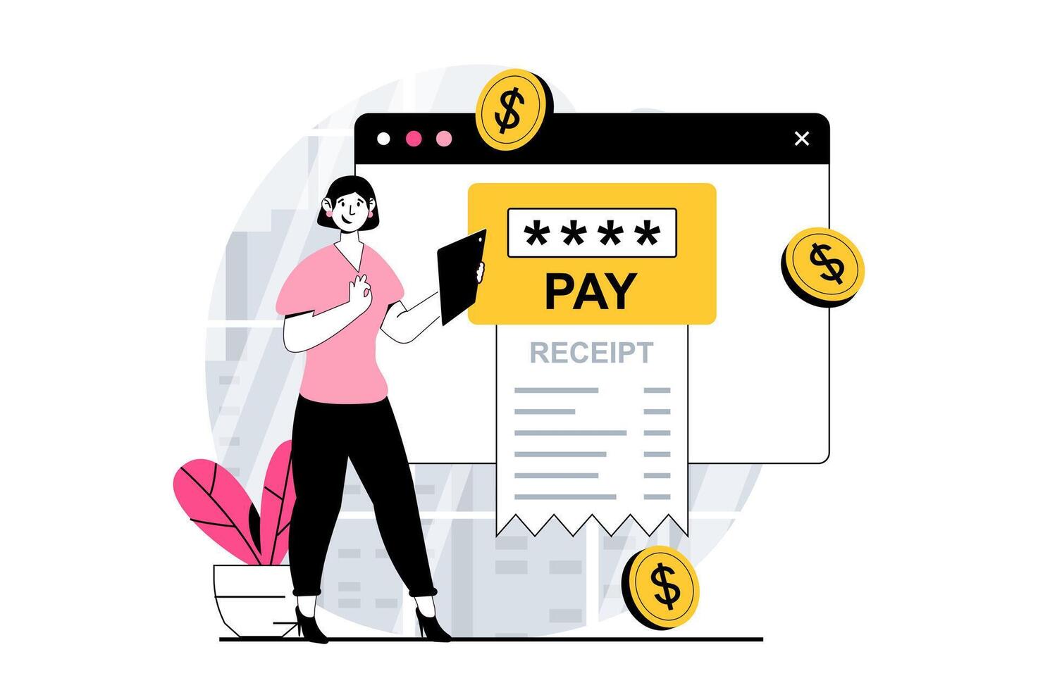 Electronic receipt concept with people scene in flat design for web. Woman receiving digital check at webpage and making online pay. Vector illustration for social media banner, marketing material.