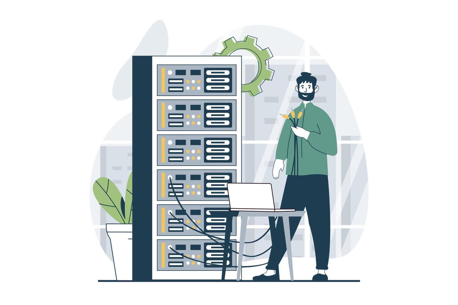 Server maintenance concept with people scene in flat design for web. Man working in server rack room, making repair and fixing problem. Vector illustration for social media banner, marketing material.