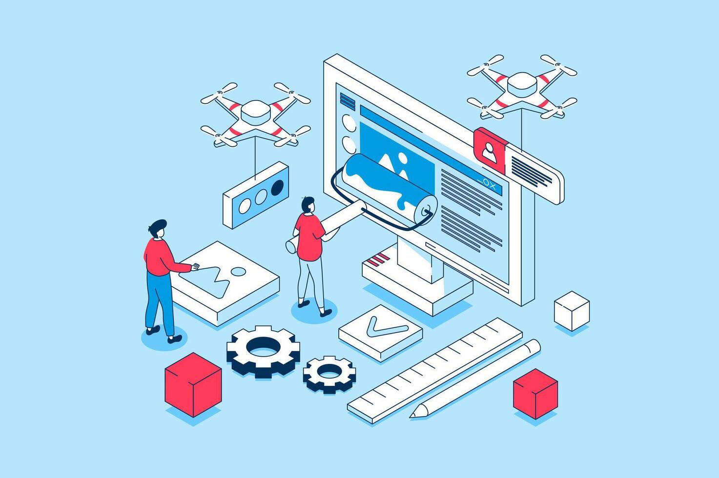 web diseño concepto en 3d isométrica diseño. personas creando paginas diseños con contenido, haciendo pancartas y páginas de inicio, programación y codificación. vector ilustración con isometria escena para web gráfico