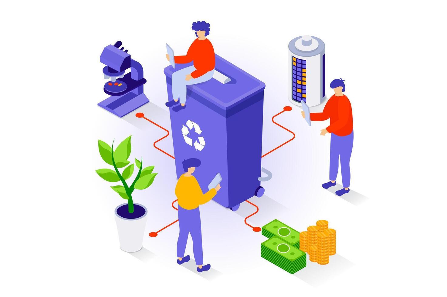 Eco lifestyle concept in 3d isometric design. People collecting and separating garbage, recycle waste, use alternative sources of electricity. Vector illustration with isometry scene for web graphic