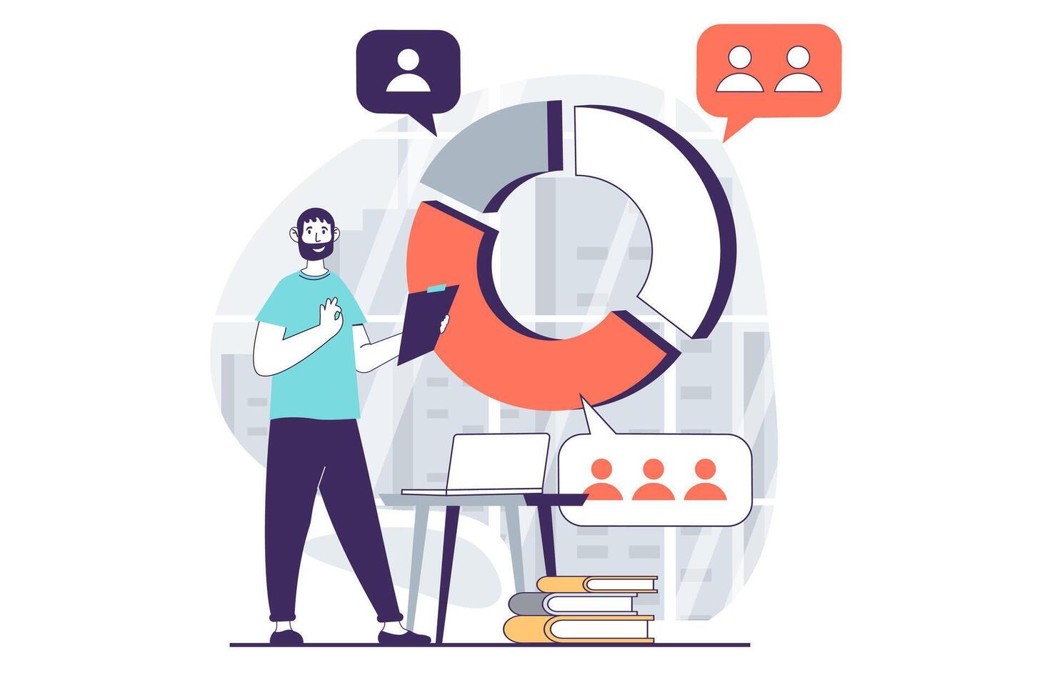 Focus group concept with people scene in flat design for web. Man works with pie chart with different data, analyzing target audience. Vector illustration for social media banner, marketing material.