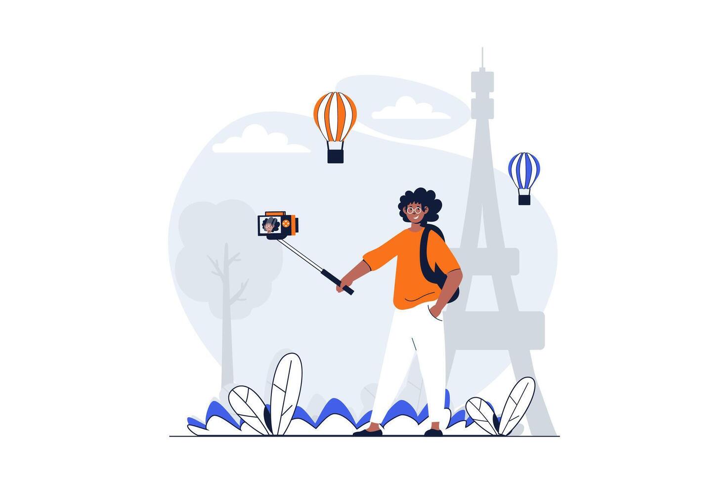 de viaje web concepto con personaje escena. hombre viajero con cámara tomando selfie en París cerca punto de referencia. personas situación en plano diseño. vector ilustración para social medios de comunicación márketing material.