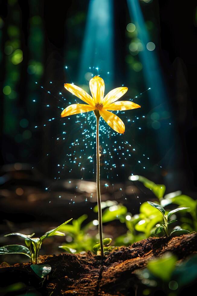 AI generated A vibrant yellow sunflower with water droplets on its petals, glistening in the sunlight photo