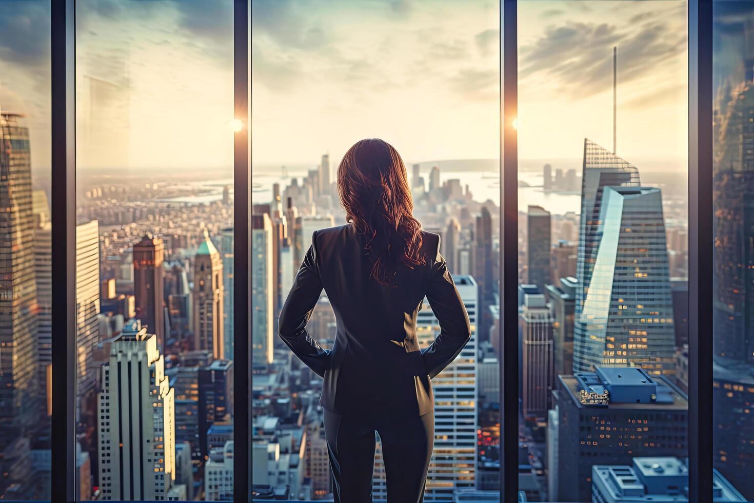 AI generated Woman Standing in Front of Window, Looking Out at City photo