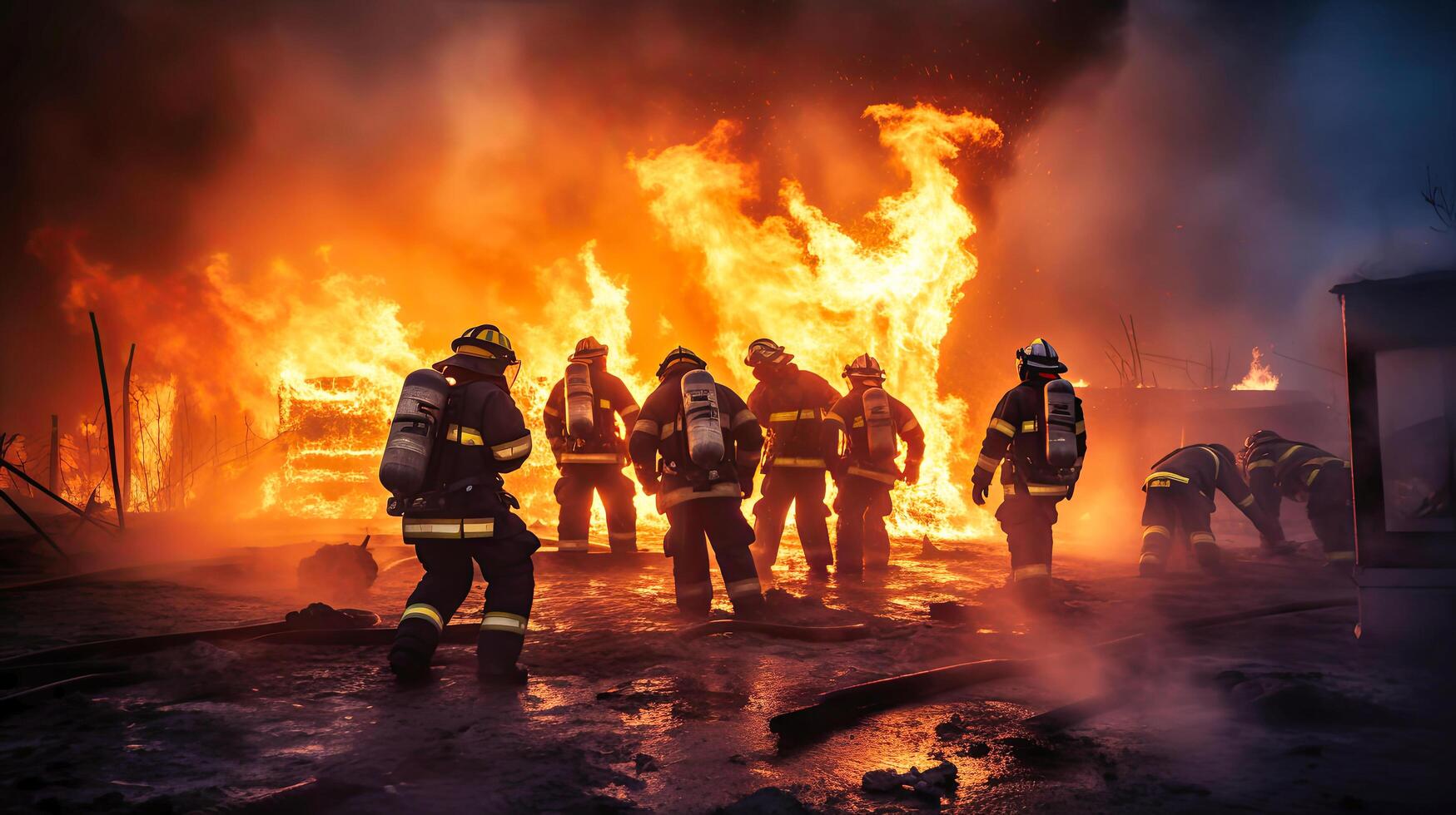 ai generado grupo de bomberos en pie en frente de fuego foto