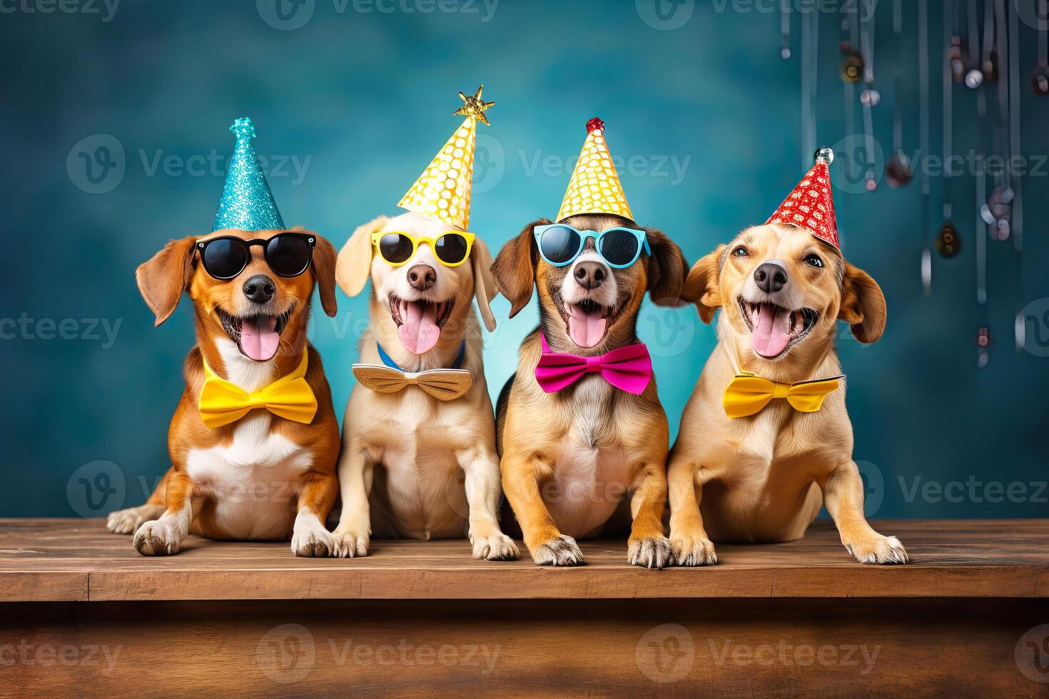 ai generado alegre perro celebrando su cumpleaños en Gafas de sol foto