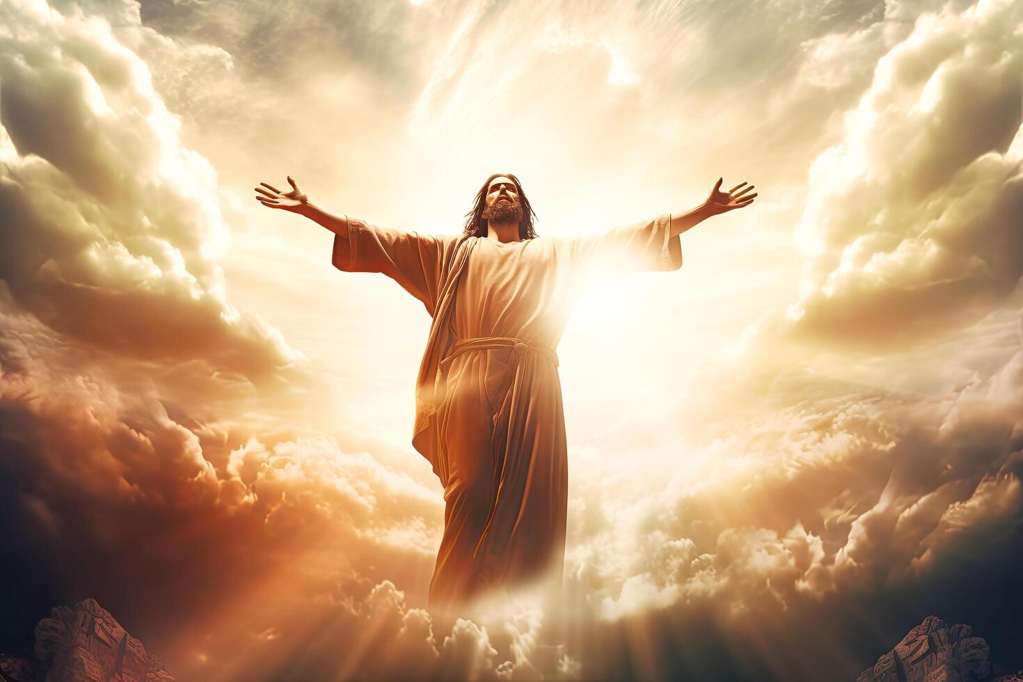 AI generated Jesus Standing in the Clouds With Outstretched Arms photo