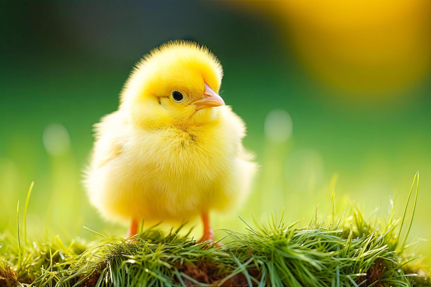 AI generated A small yellow chicken sits on top of a lush green grass covered field, surrounded by the natural landscape photo