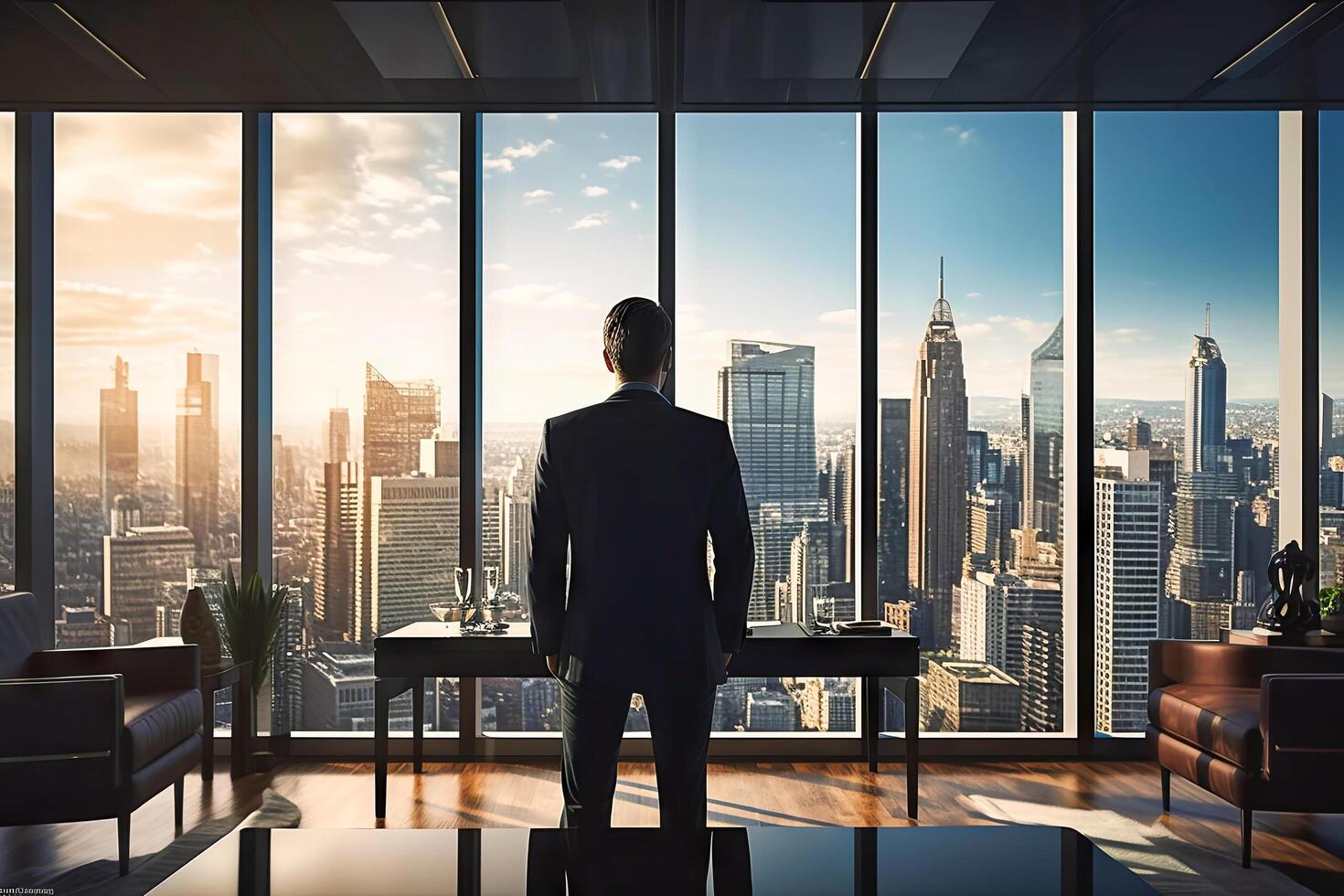 AI generated Man Standing in Front of Window, Looking Out at City photo