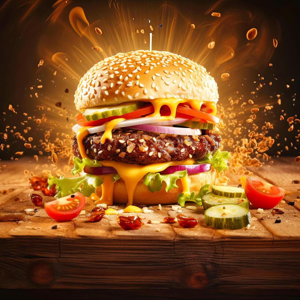 AI generated Delicious Hamburger With Lettuce, Tomato, and Cheese photo
