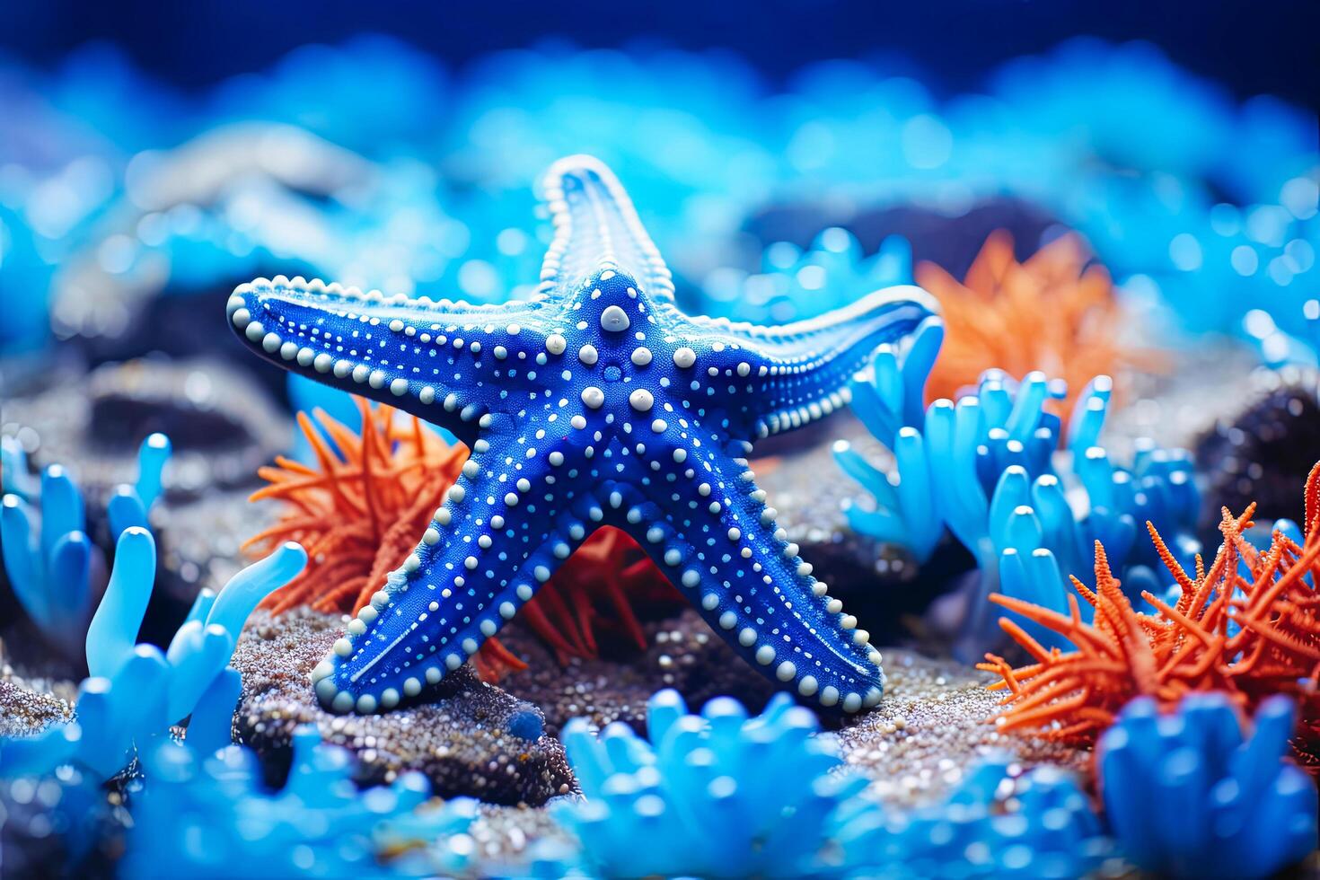 ai generado rojo y azul estrella de mar en rocas foto