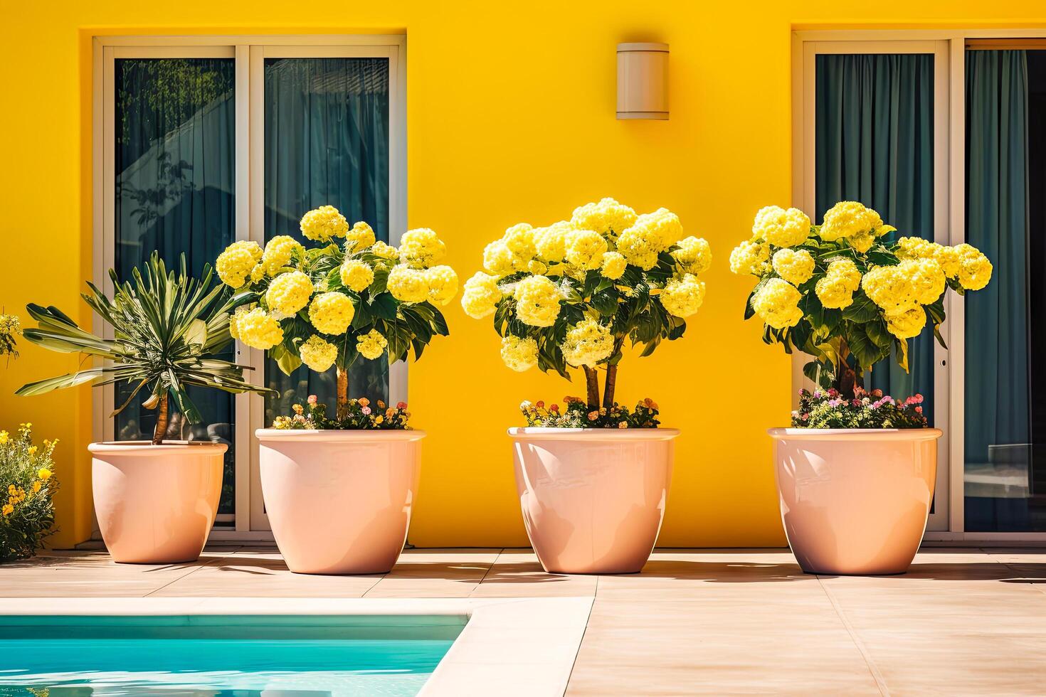 AI generated colorful house with a shining pool in the yard. There are flower pots neatly arranged near the pool photo