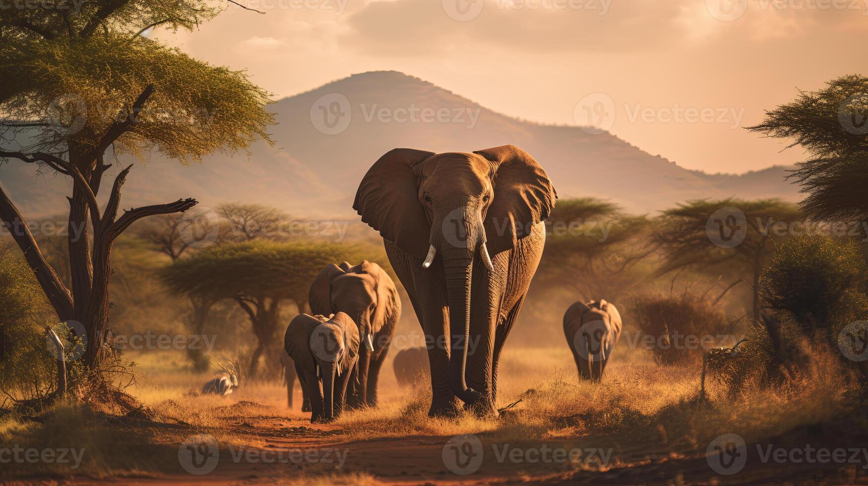 AI generated A Herd of Elephants Walking Across a Dirt Road photo