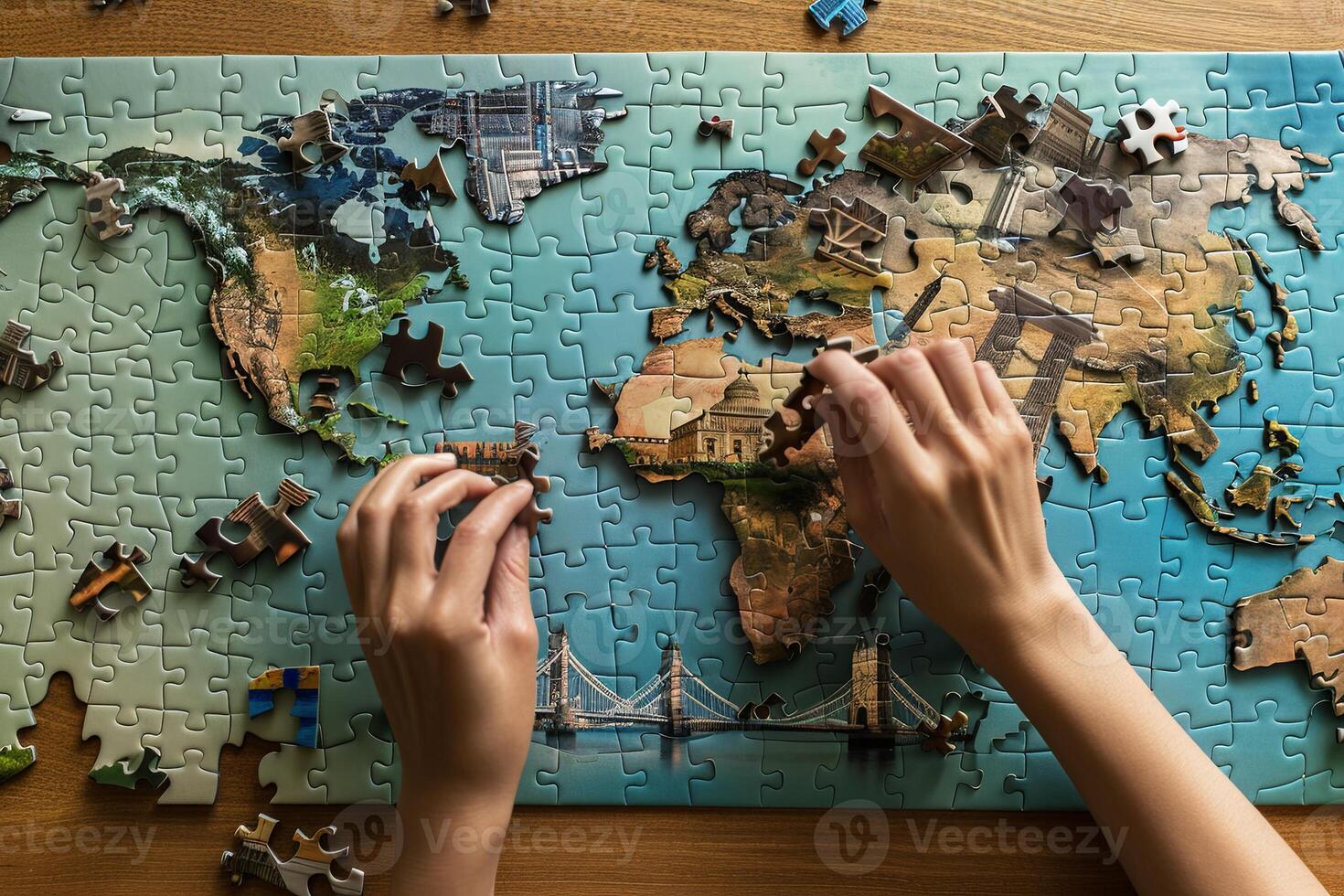 AI generated Person Putting Together Puzzle on Table photo