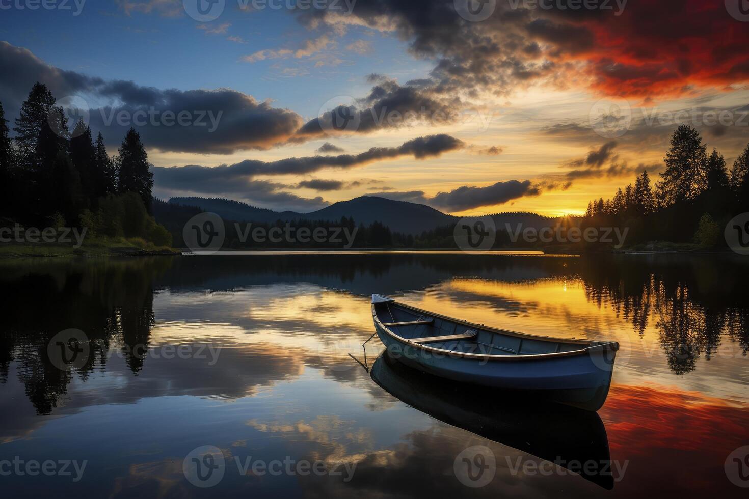 AI generated Boat Floating on Lake Under Cloudy Sky photo