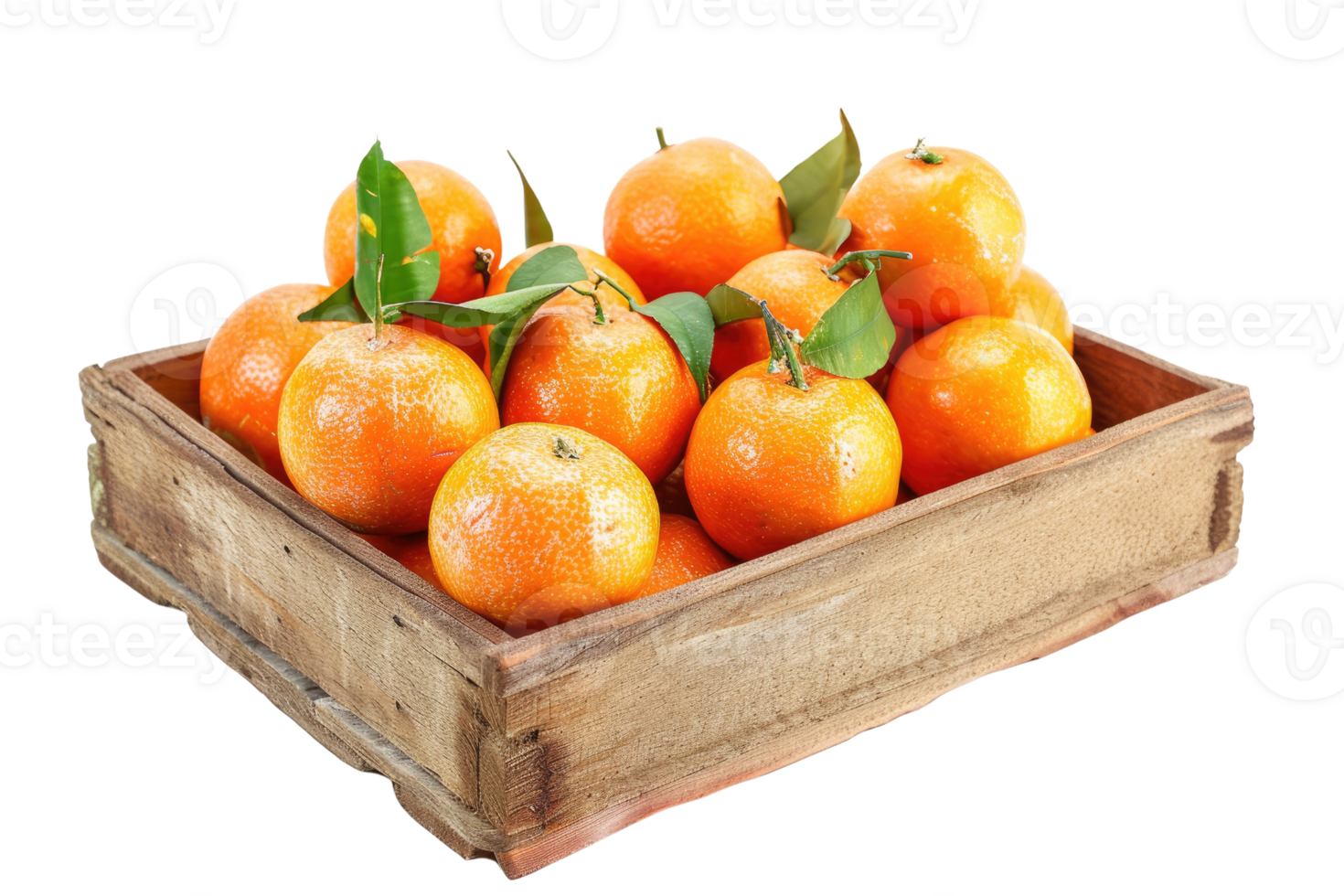 AI generated Fresh Mandarins in Rustic Wooden Box, isolated on a transparent background png