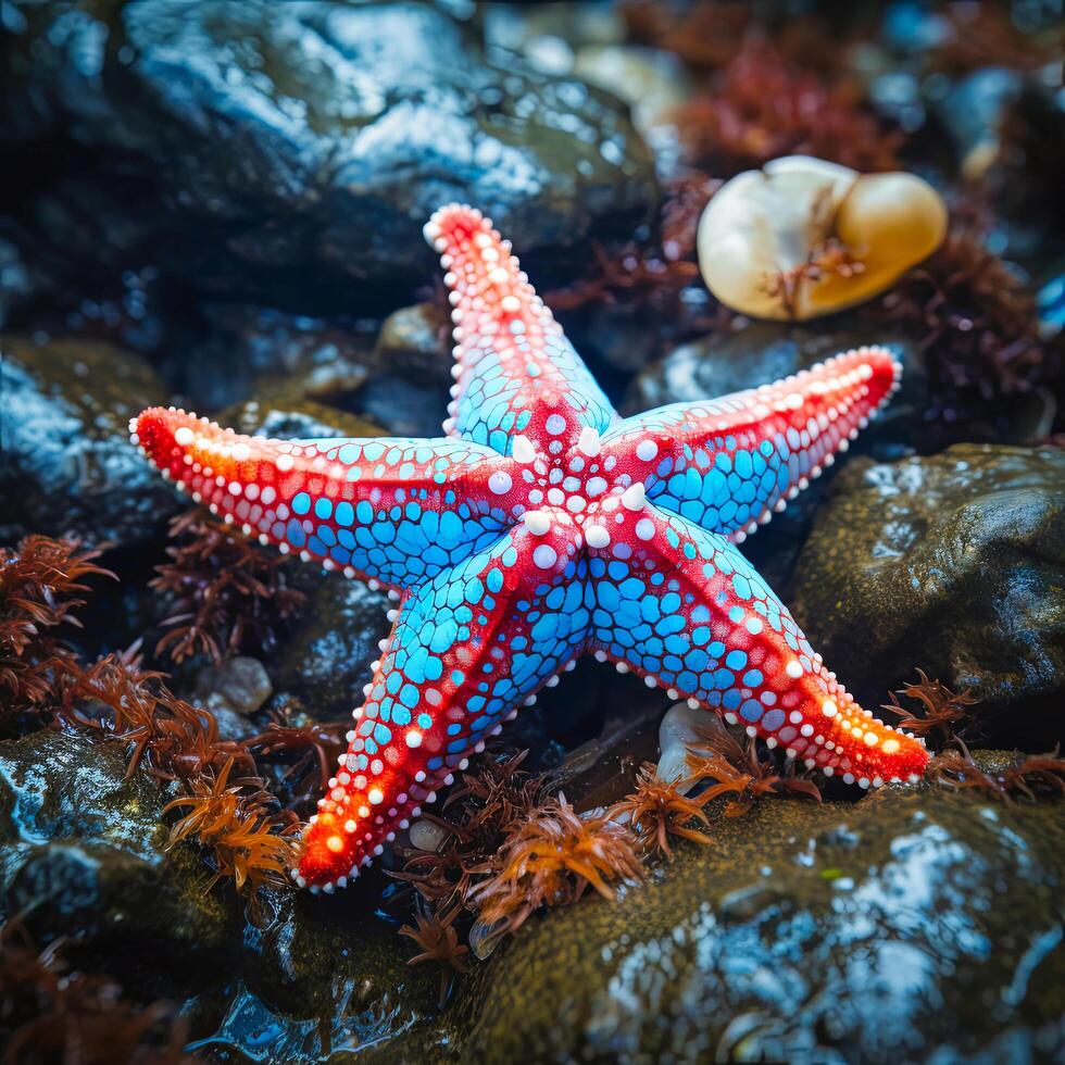 ai generado rojo y azul estrella de mar en rocas foto