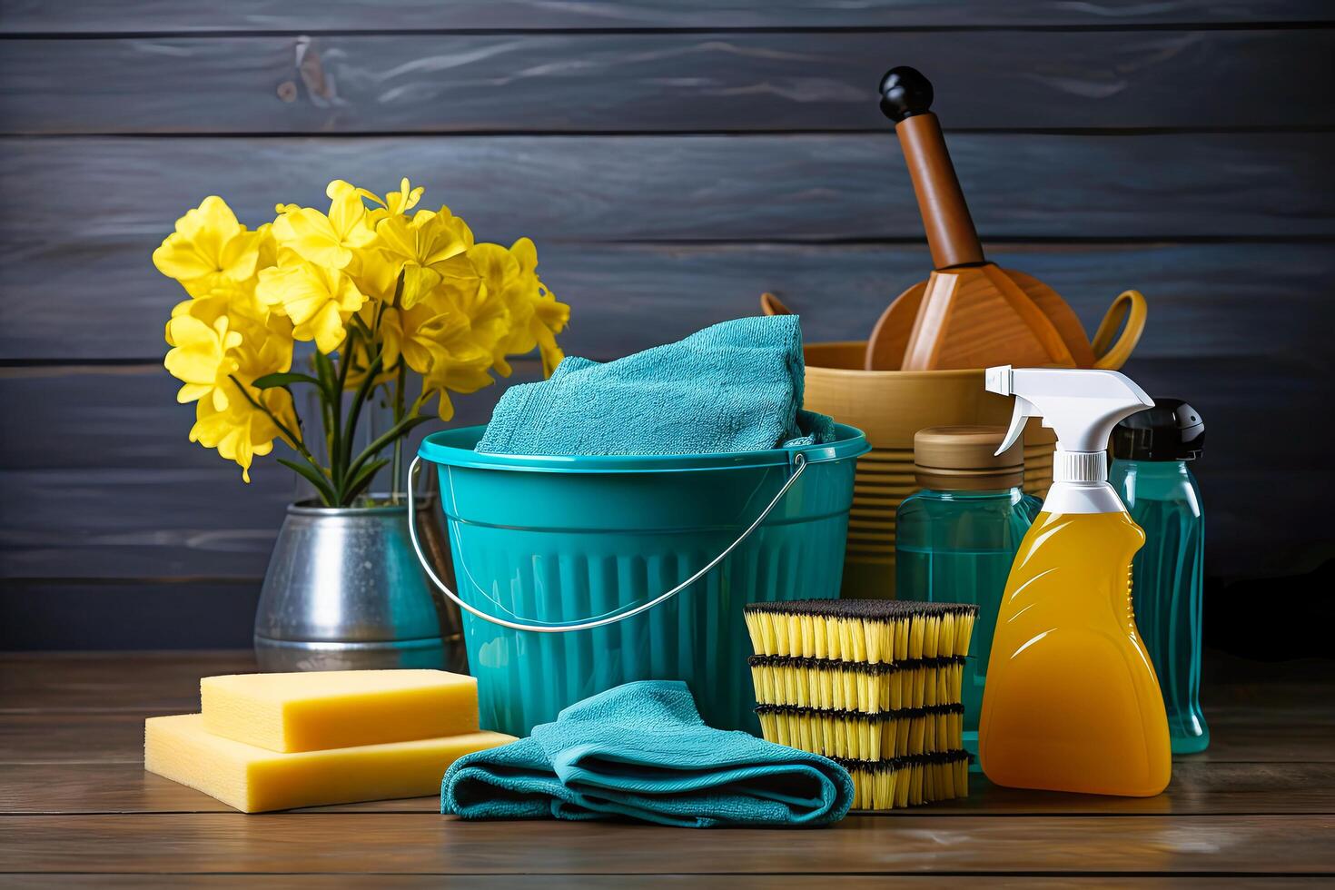 AI generated Bucket Full of Cleaning Supplies on Wooden Table photo