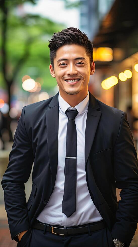 AI generated A well-dressed man wearing a suit and tie is standing on a busy city sidewalk. He appears confident and focused as he waits for something or someone amidst the urban surroundings. photo