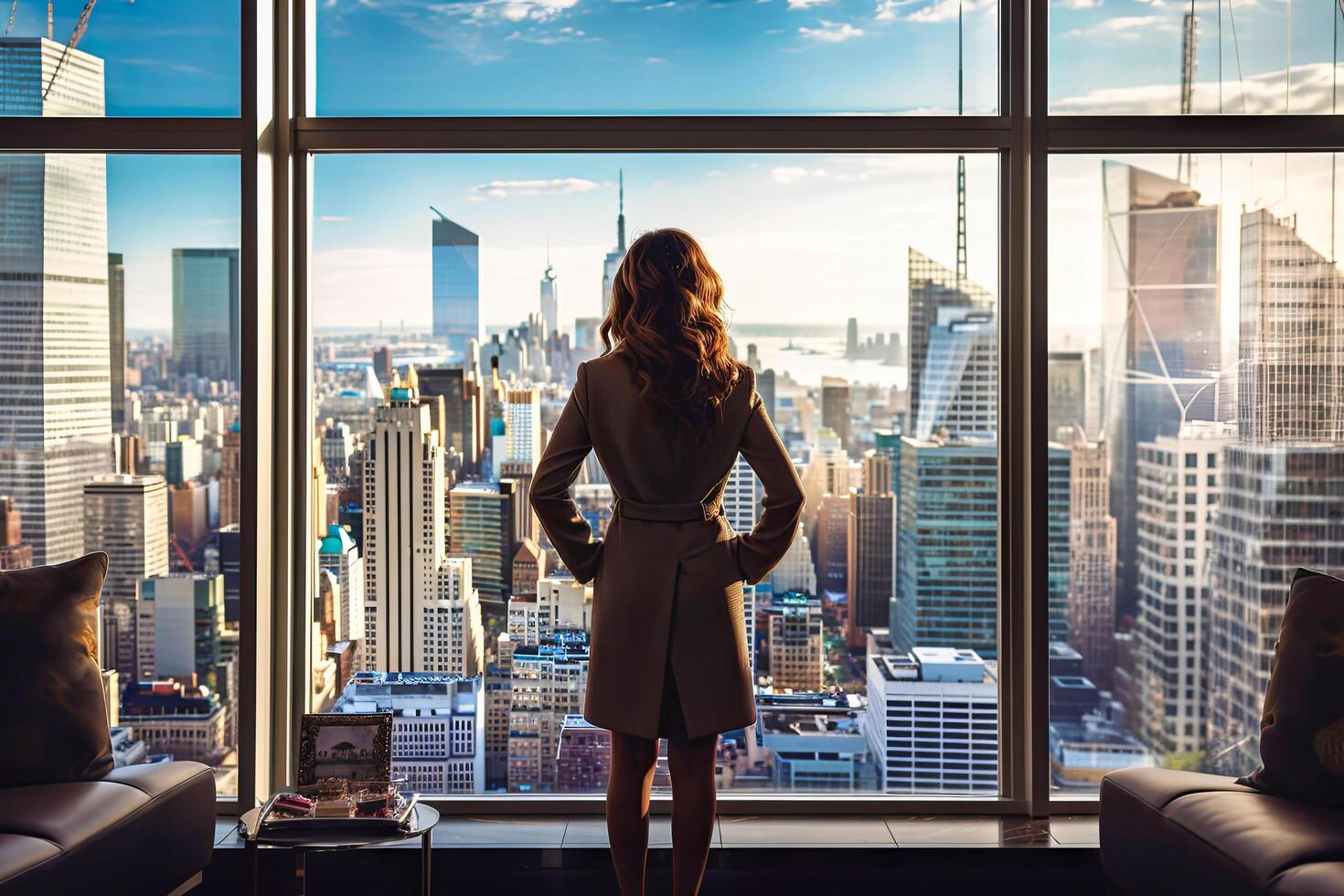 AI generated Woman Standing in Front of Window, Looking Out at City photo