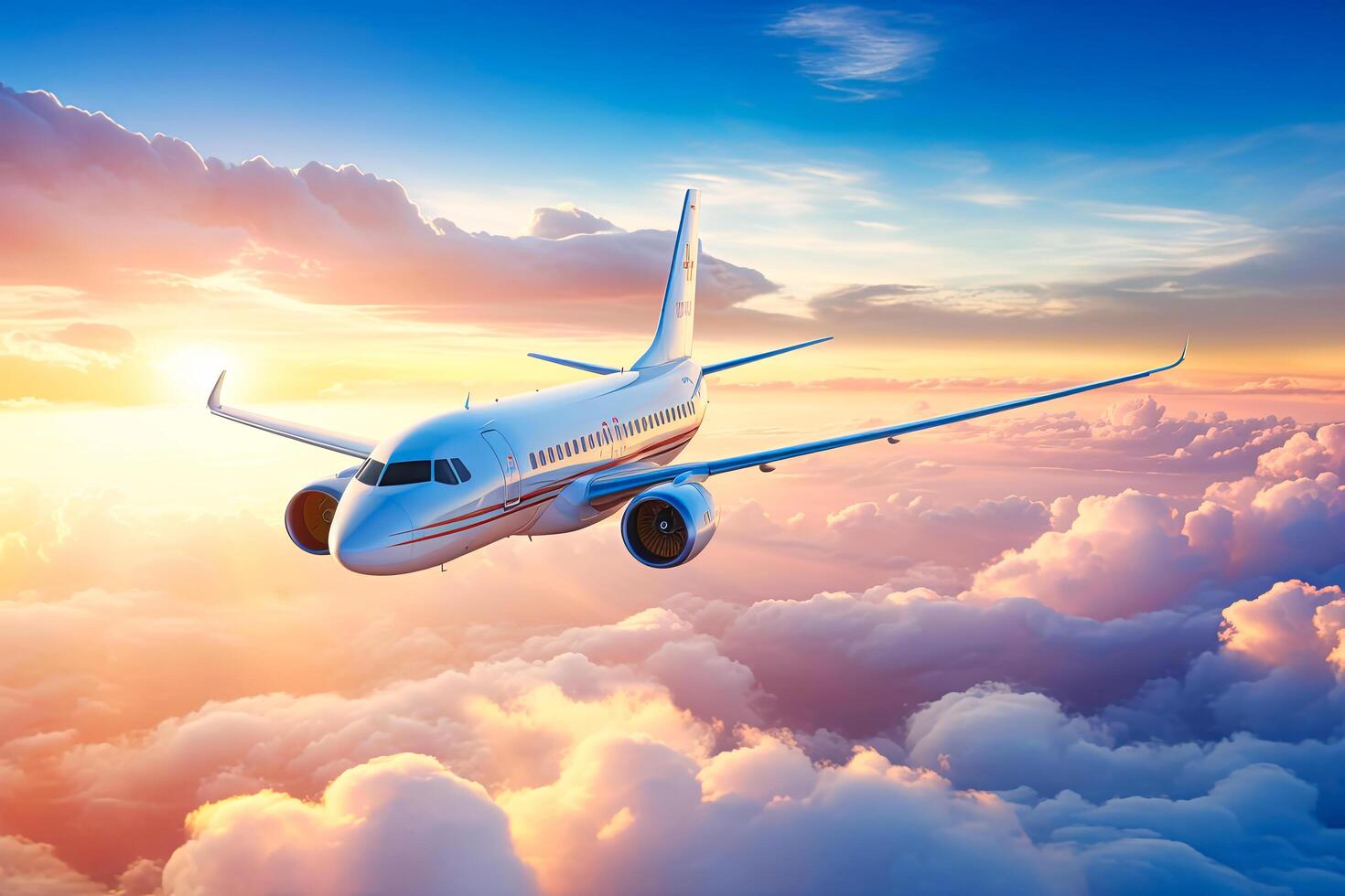AI generated Airplane Flying Above Clouds at Sunset photo
