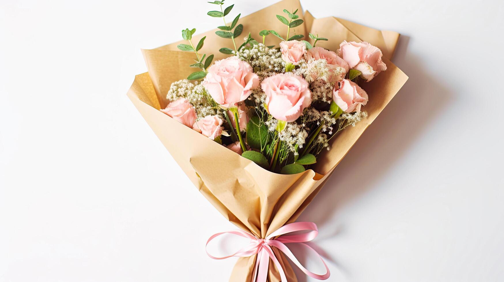AI generated A bouquet of pink roses is elegantly wrapped in brown paper, showcasing the delicate beauty of the flowers against the simple yet charming packaging photo