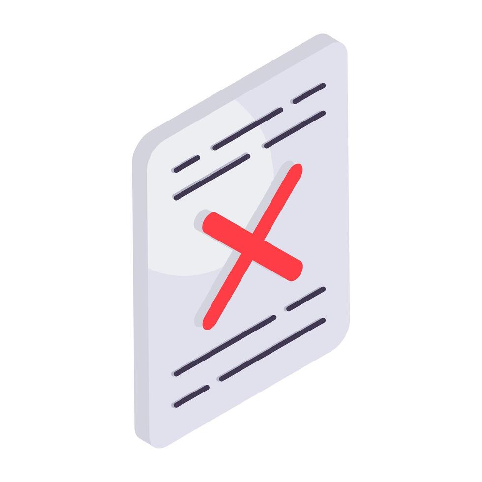 Cross sign with folded paper showcasing wrong file concept icon vector