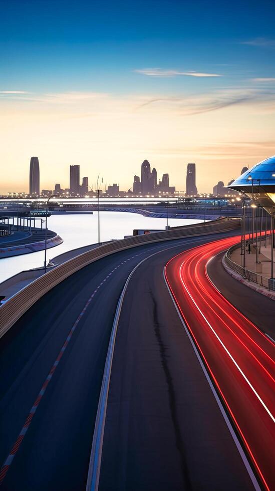 AI generated A person is driving a car on a road at night, their headlights illuminating the dark surroundings as they navigate through the evening traffic. photo