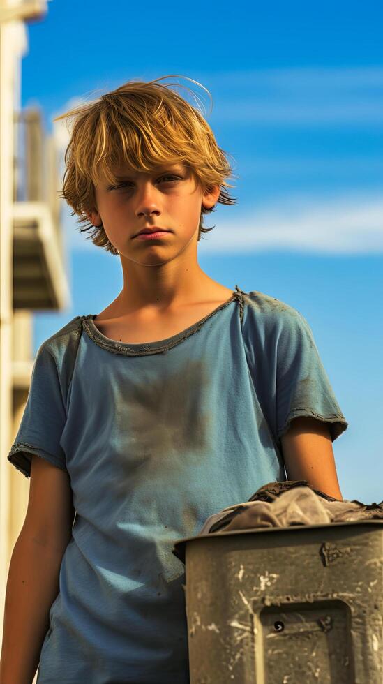 AI generated A young boy in casual clothing standing next to a metal trash can in an urban setting. The surroundings suggest a city environment with concrete pavement. photo