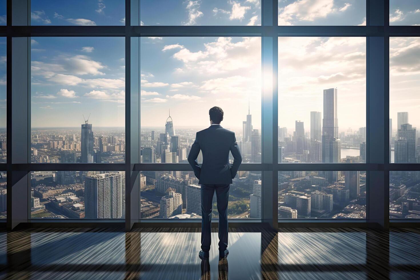 AI generated Man Standing in Front of Window, Looking Out at City photo