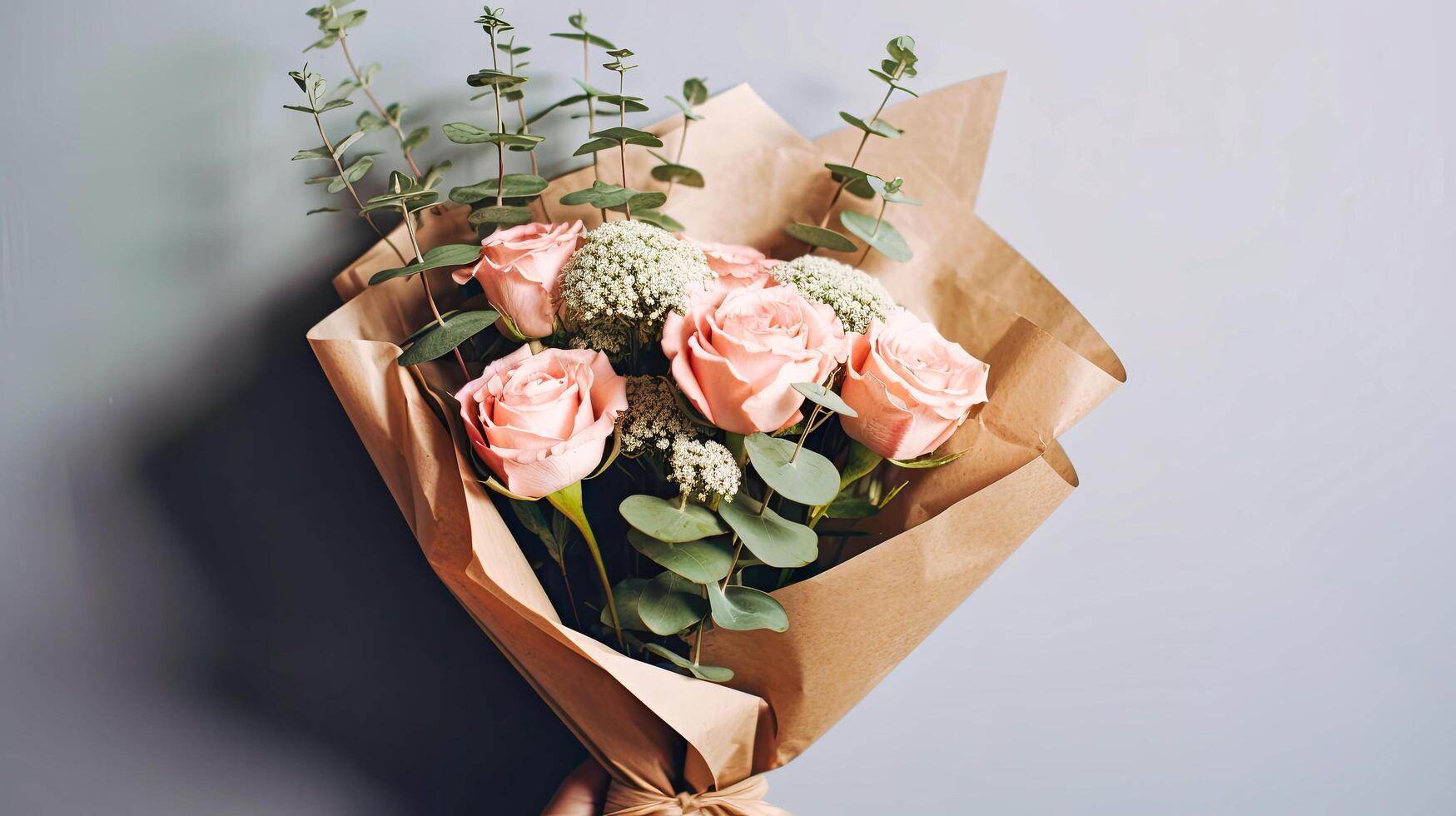 AI generated A bouquet of pink roses is elegantly wrapped in brown paper, showcasing the delicate beauty of the flowers against the simple yet charming packaging photo