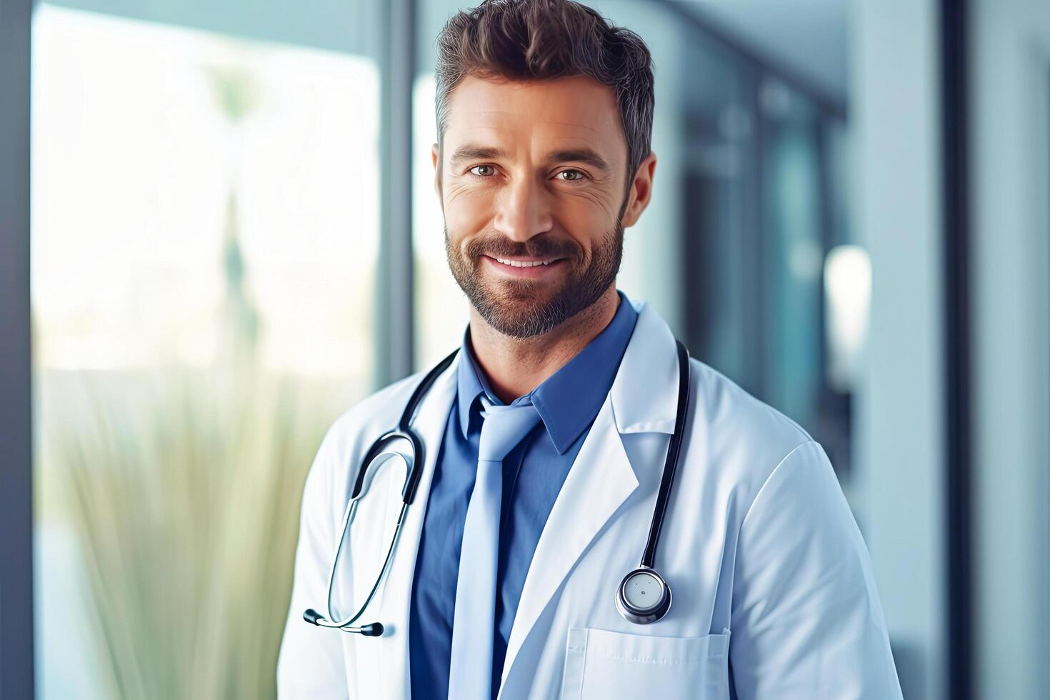 ai generado masculino médico en blanco Saco y Corbata foto