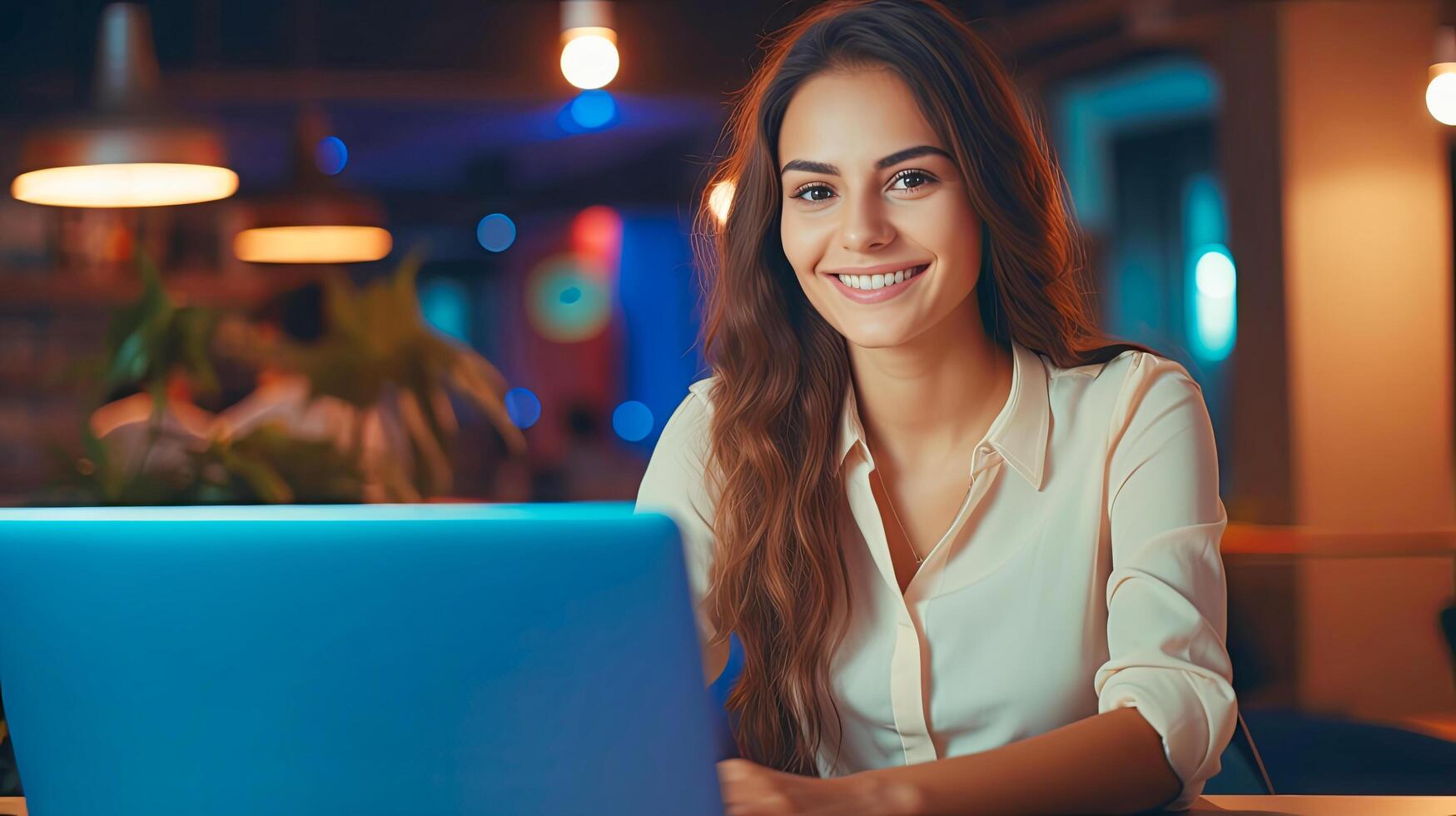 AI generated Woman Sitting in Front of Laptop Computer photo