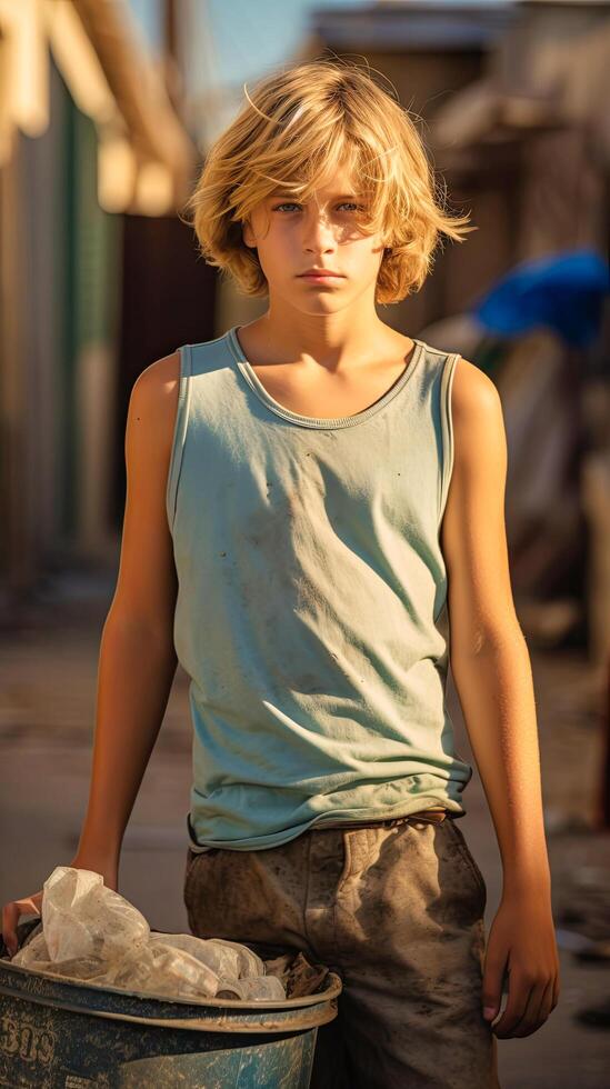 AI generated A young boy in casual clothing standing next to a metal trash can in an urban setting. The surroundings suggest a city environment with concrete pavement. photo