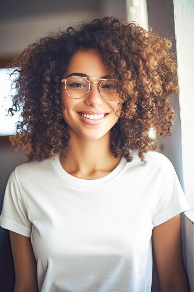 AI generated A woman with glasses is wearing a white shirt. She is looking directly at the camera with a confident expression photo
